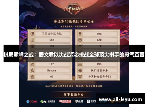 棋局巅峰之战：居文君以决战姿态挑战全球顶尖棋手的勇气宣言